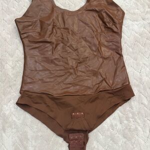 Scoop Neck Faux-Leather Brown Bodysuit